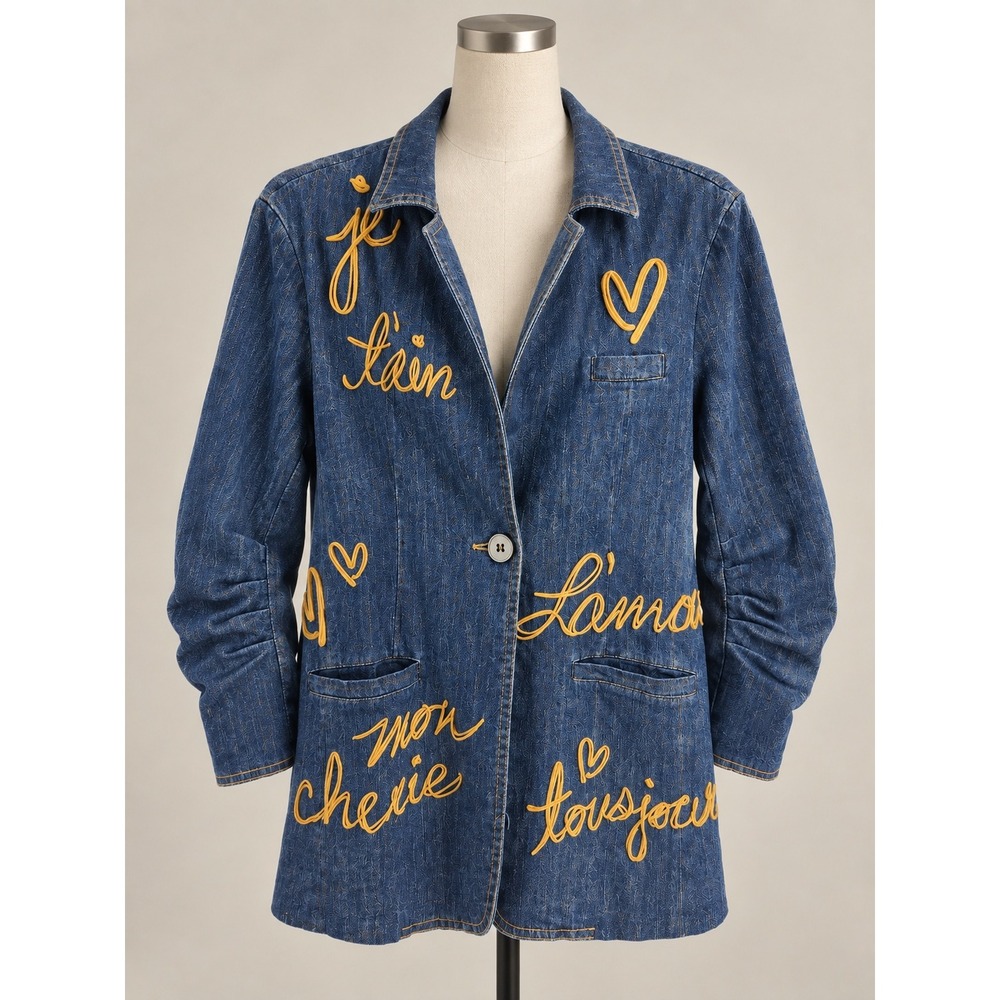 Adore Denim Embroidered French Script Blazer Jacket Blue Size M